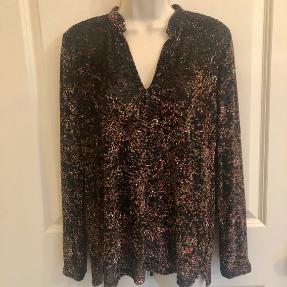 Sno Skins Long Sleeve V-Neck Raised Velour Multicolor Print Tunic Shirt Size M - Picture 1 of 16